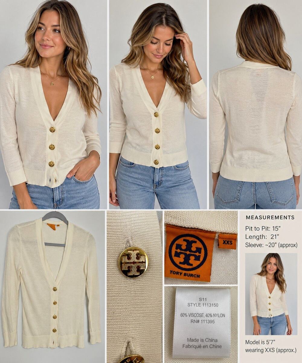Tory Burch Ivory Fine Knit V-Neck Cardigan Sweater 3/4 Sleeve 2XS